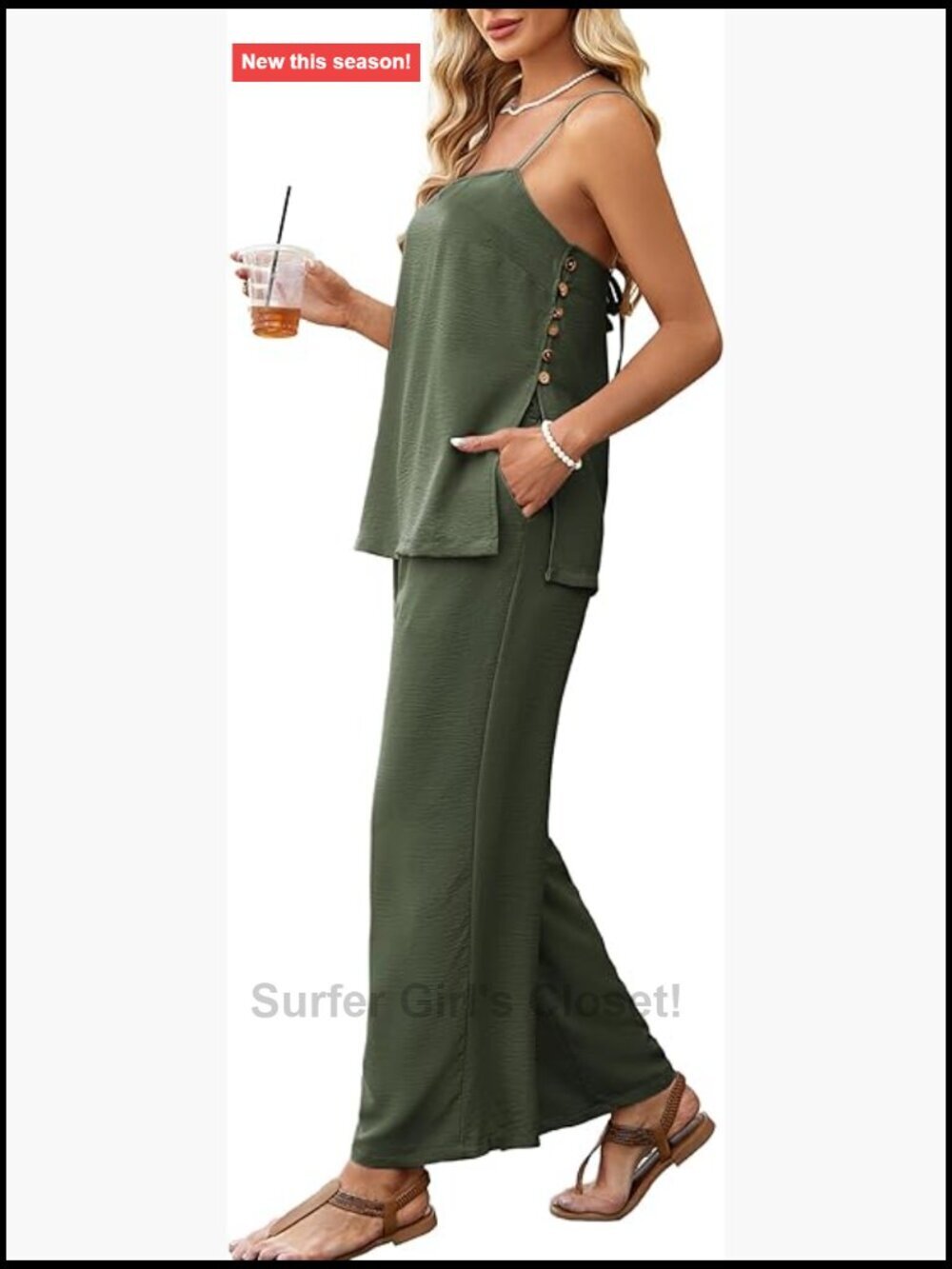 2 Piece Faux Linen Tank Top Pants Set with Pockets